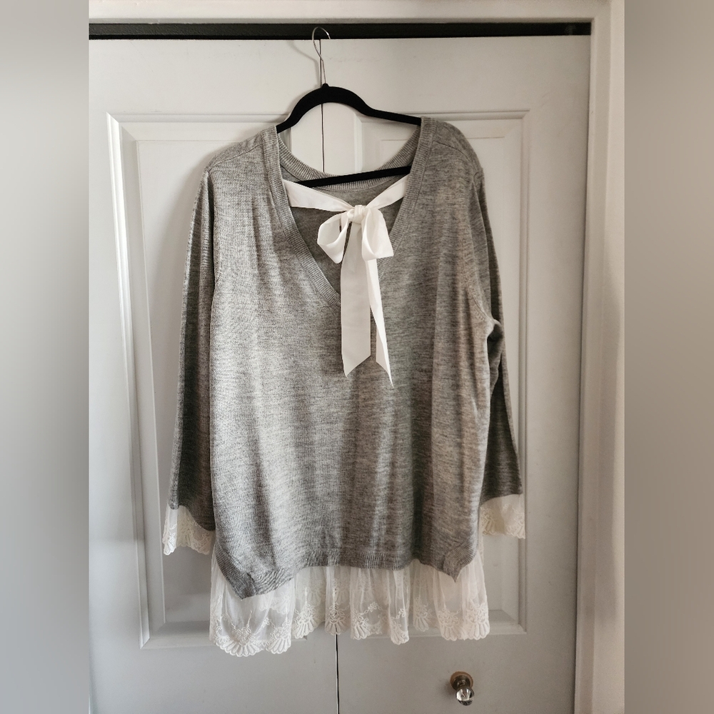 H &M Gray Sweater with Lace Trim - Picture 2 of 4